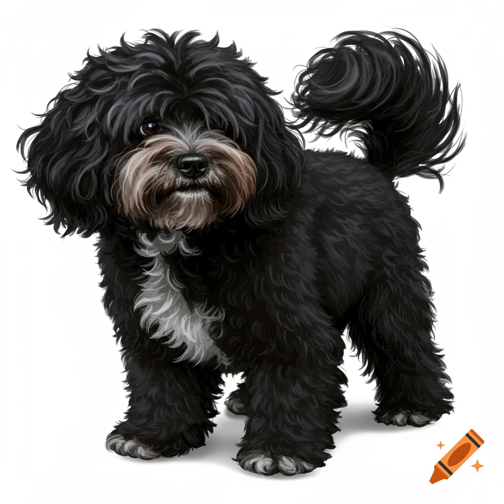 A fluffy black dog with curly fur, a white chest patch, and brown and white markings on its snout, stands on a white background in an illustrative style.