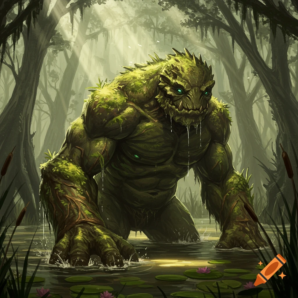 A large, moss-covered swamp monster with glowing eyes stands in murky water amidst lily pads and trees, with light rays filtering through the canopy.
