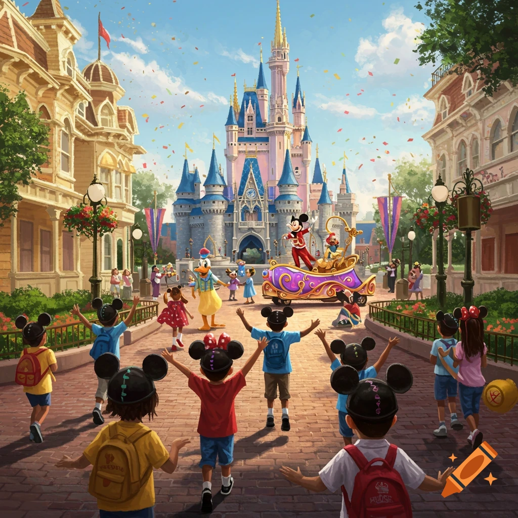 Children in Mickey Mouse ears watch a parade with Mickey Mouse and Donald Duck at a Disney-like castle park.