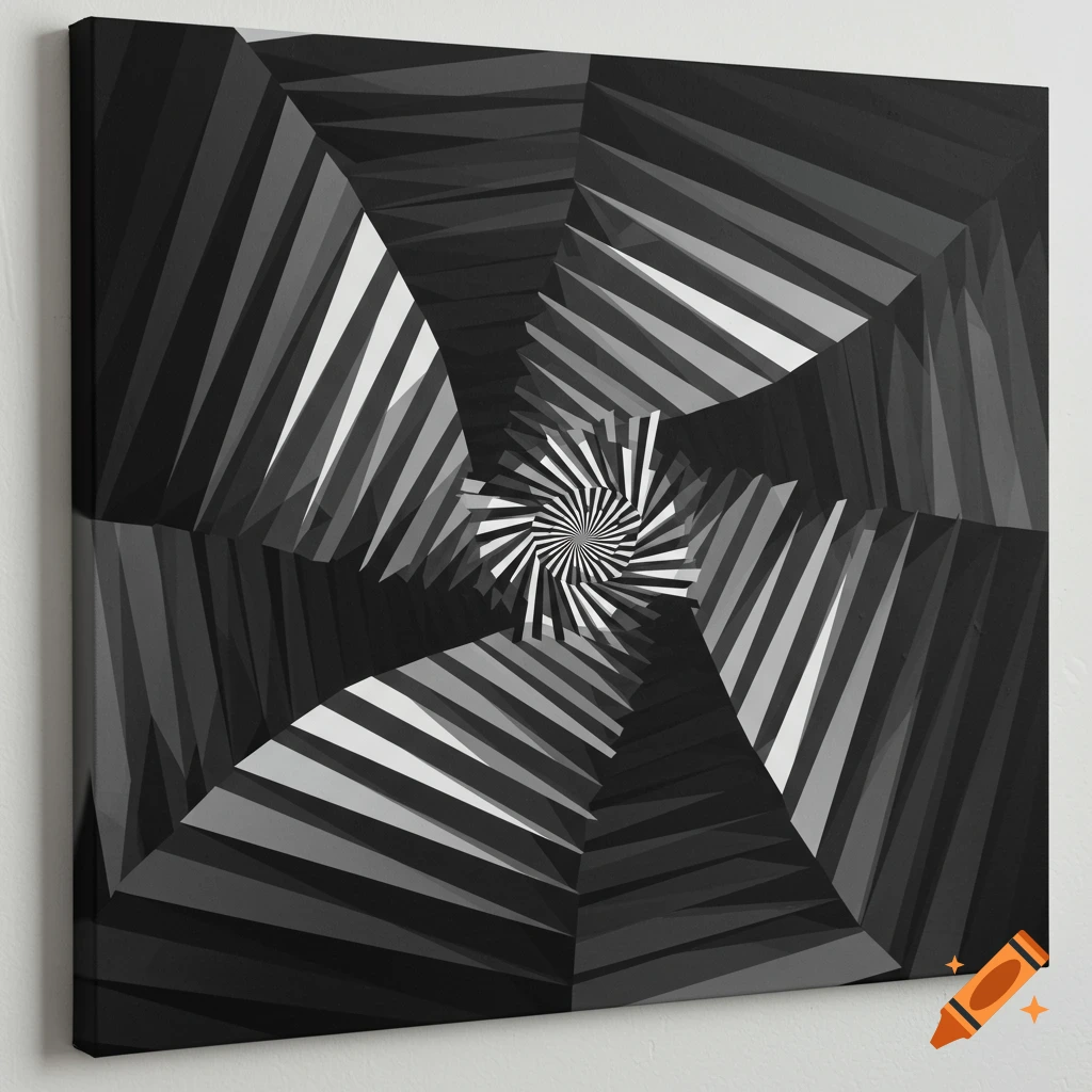 A grayscale optical illusion artwork featuring a central spiral surrounded by radiating geometric shapes.