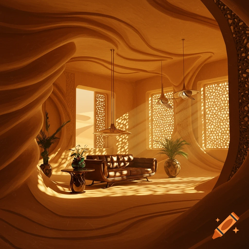 A dune-inspired interior room with wavy walls, sand-colored textures, and sunlight streaming through patterned windows, featuring a brown leather sofa and potted plants.