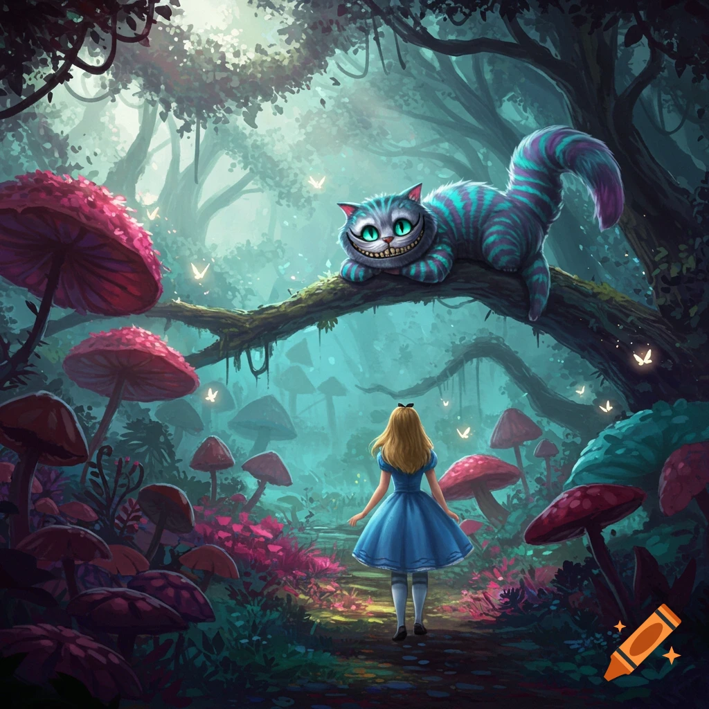 Alice in a blue dress walking in a fantastical, mushroom-filled forest towards the Cheshire Cat on a branch.