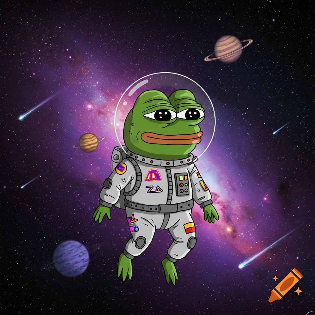 Pepe the frog, wearing a white astronaut suit and helmet, floats in deep space surrounded by planets, stars, and shooting meteors. The art style is cartoonish.