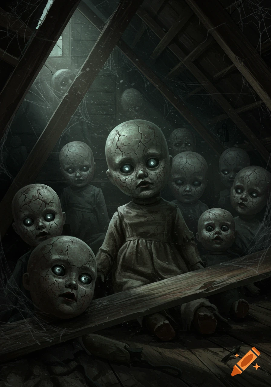 A group of creepy, cracked baby dolls with glowing eyes in a dark, cobweb-filled attic, lit by a faint light source.