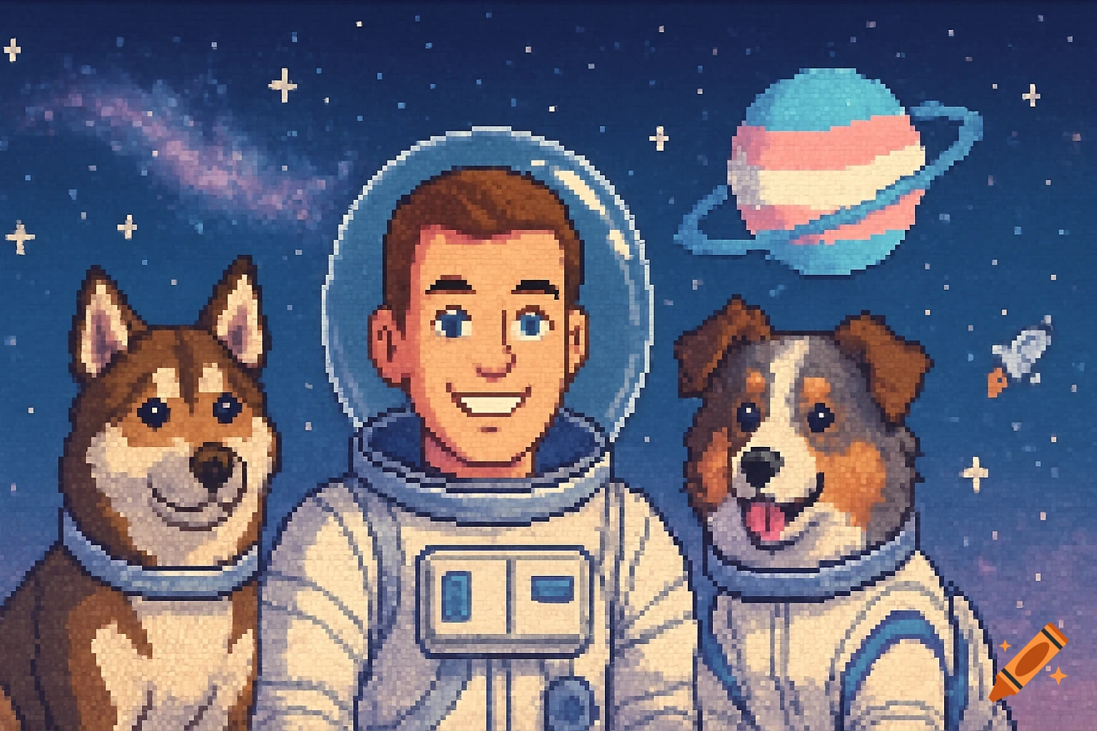 Pixel art of a smiling astronaut with a husky on their left and an Australian Shepherd on their right, all in space suits. In the background is a starry galaxy with a planet colored like the trans flag.