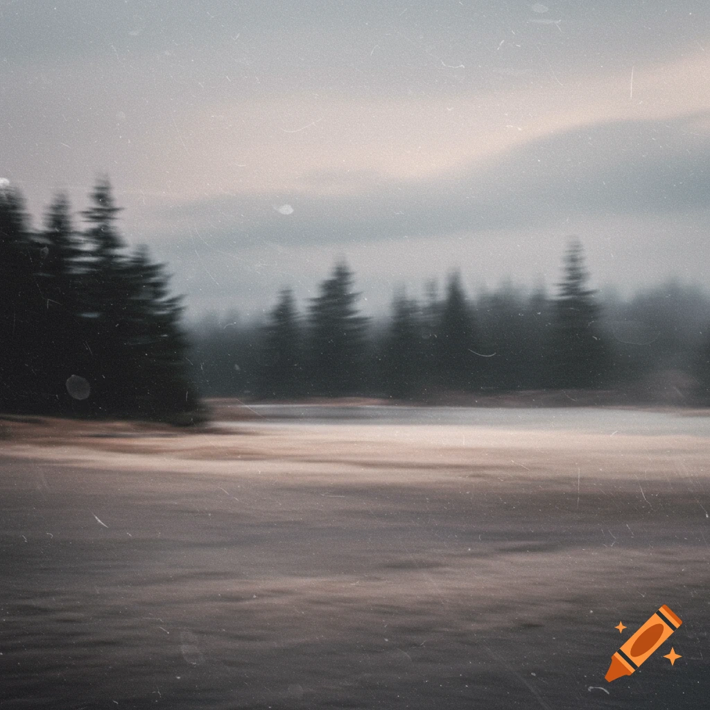 Blurred, grainy landscape with dark evergreen trees and a misty foreground under a cloudy sky.