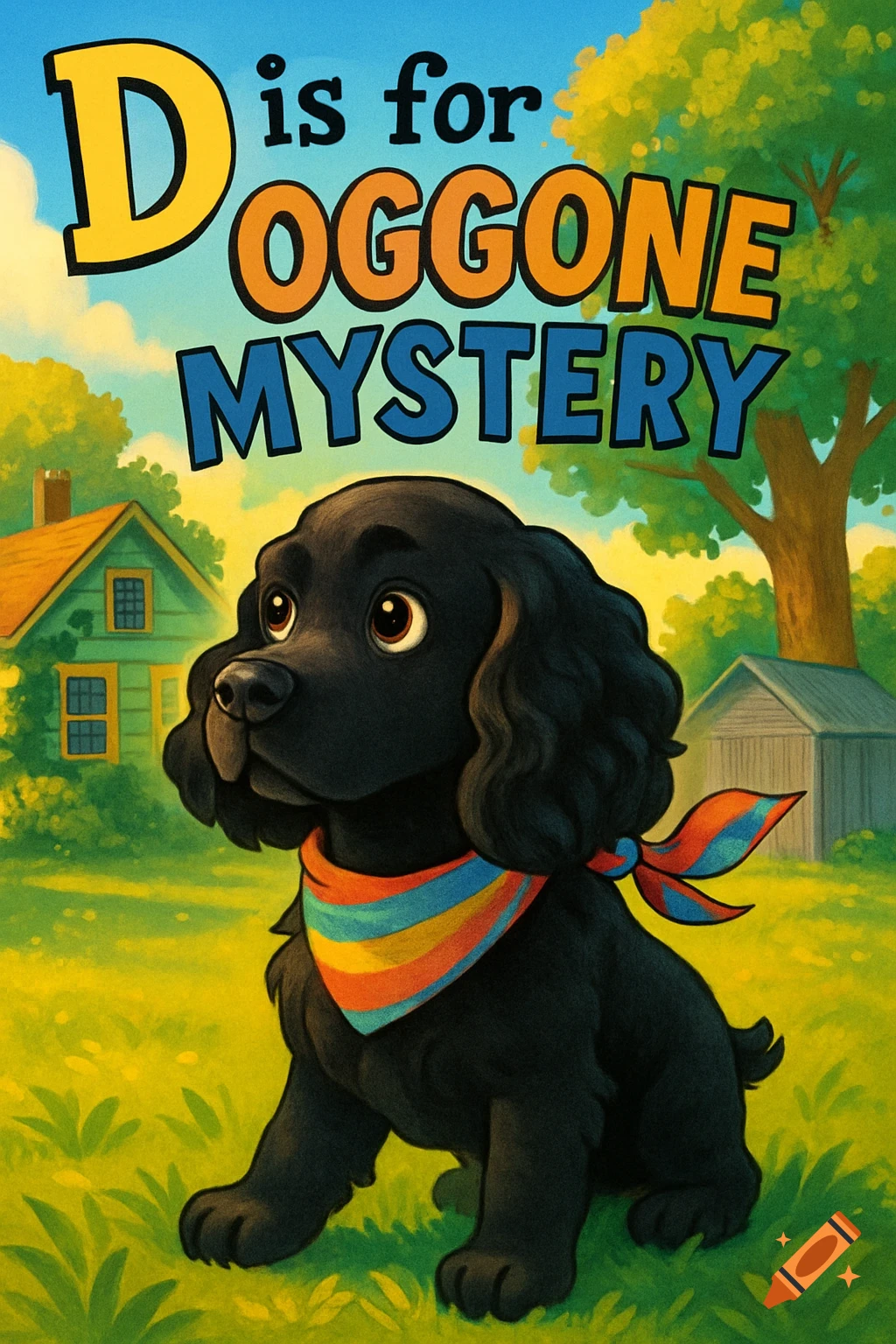 A colorful, cartoonish children's mystery book cover featuring a cute black Cocker Spaniel with a bandana in a sunny backyard. The title "D is for Doggone Mystery" is at the top.