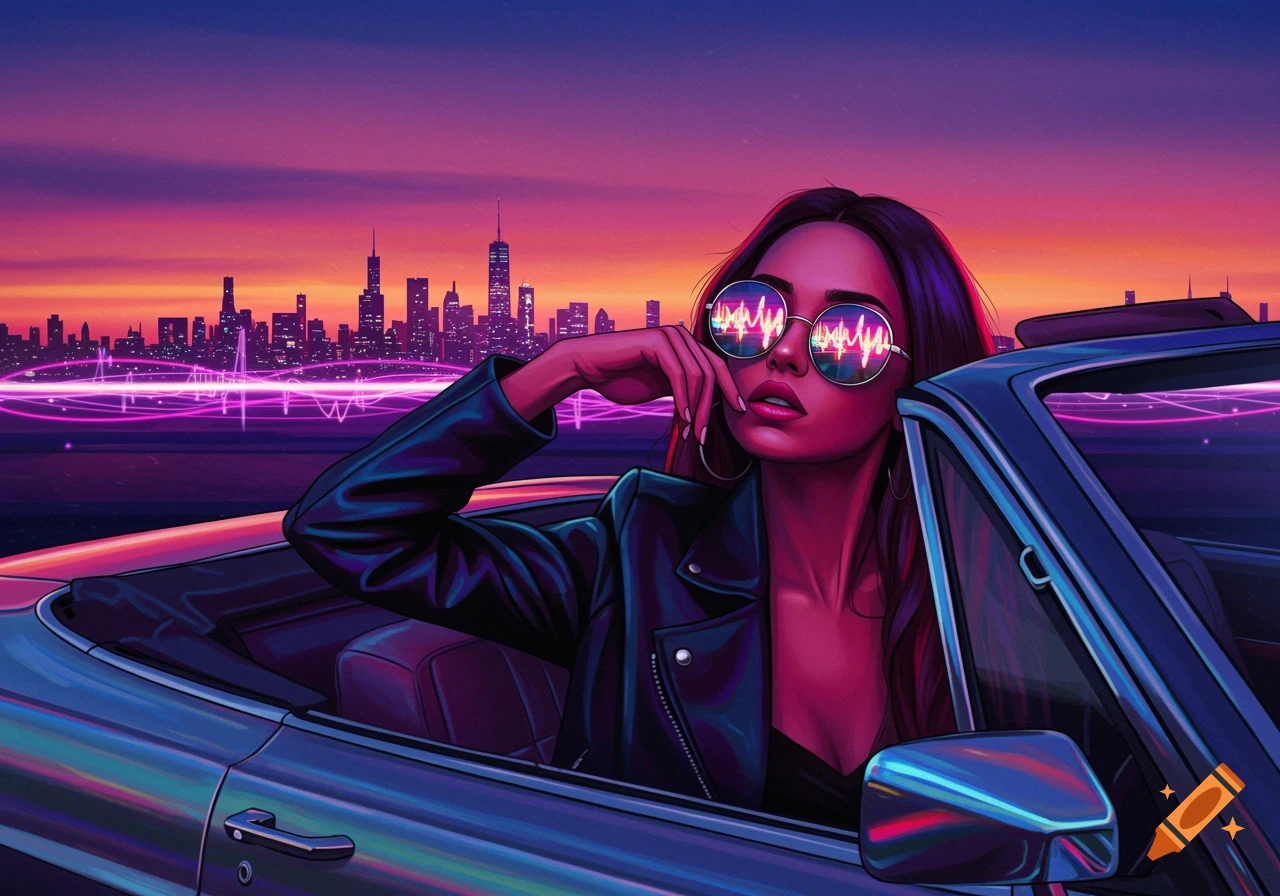 Vibrant synthwave art of a woman in sunglasses leaning from a convertible with a glowing cityscape at dusk.