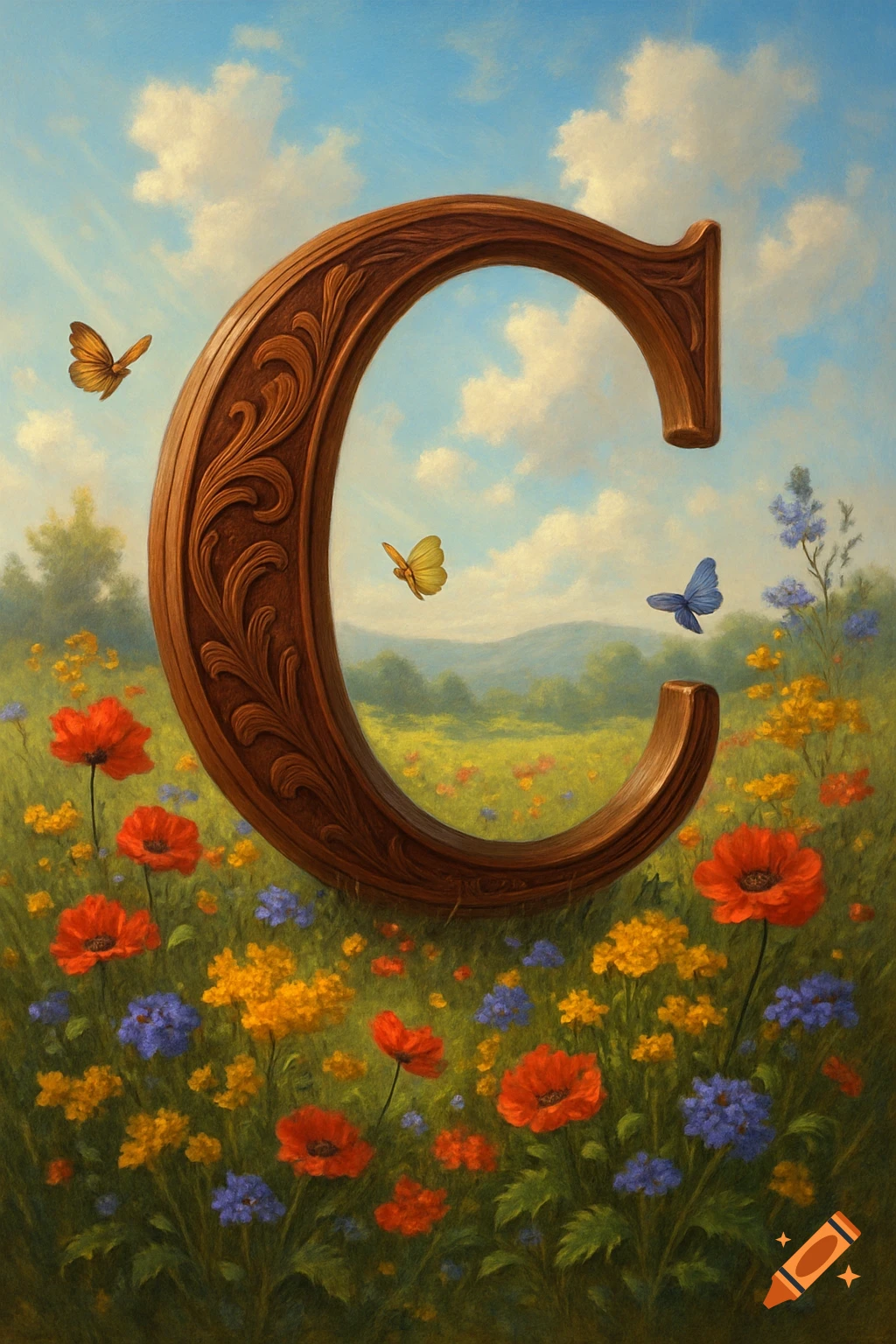 An ornate wooden letter C stands in a field of colorful wildflowers and butterflies under a blue sky.