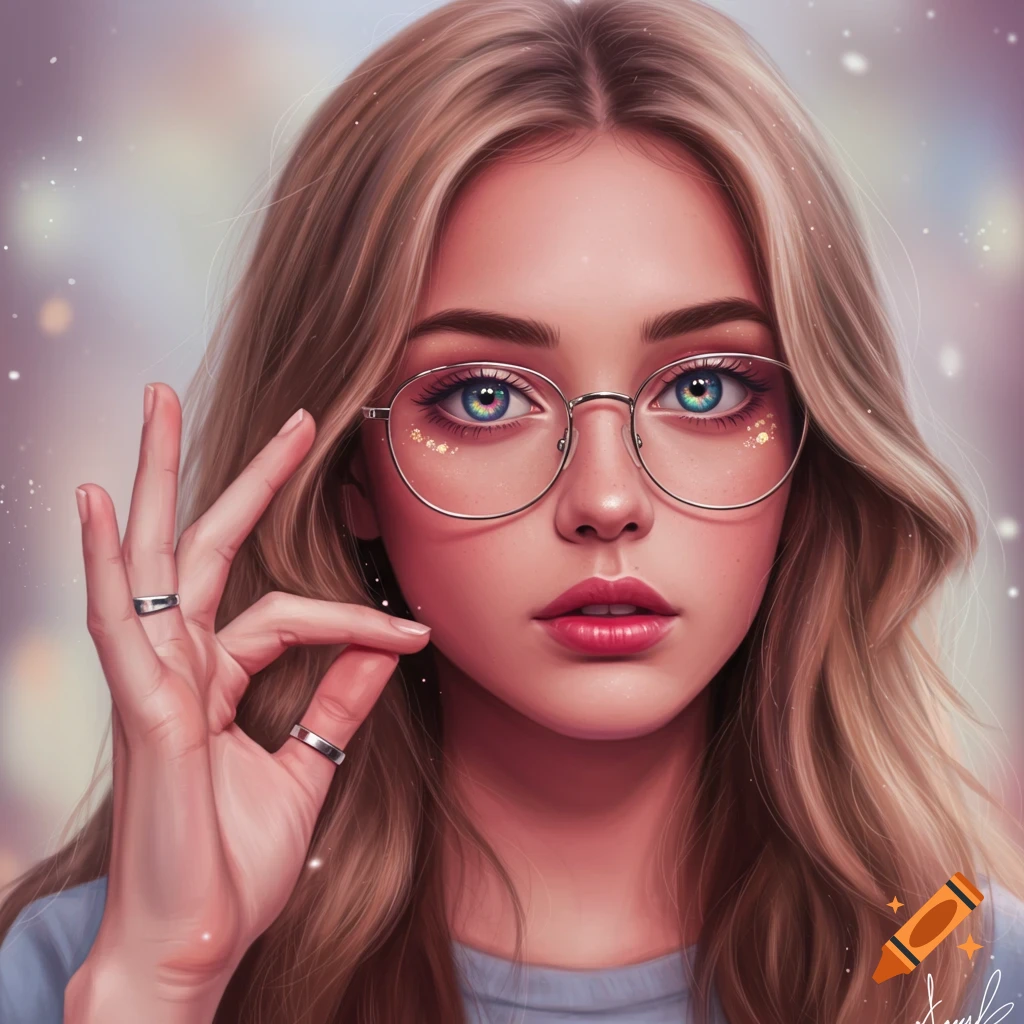 A digital art portrait of a blonde woman with long hair and glasses, featuring colorful blue and green eyes, holding her hand near her face.