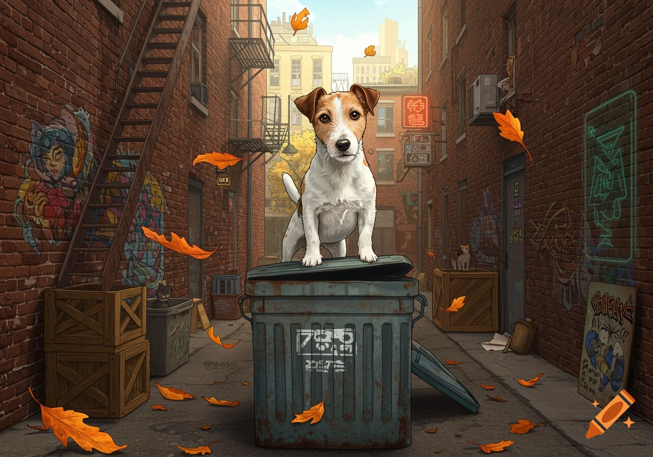 A Jack Russell Terrier stands on a trash bin in a detailed, cartoon-style urban alleyway with graffiti and falling autumn leaves.