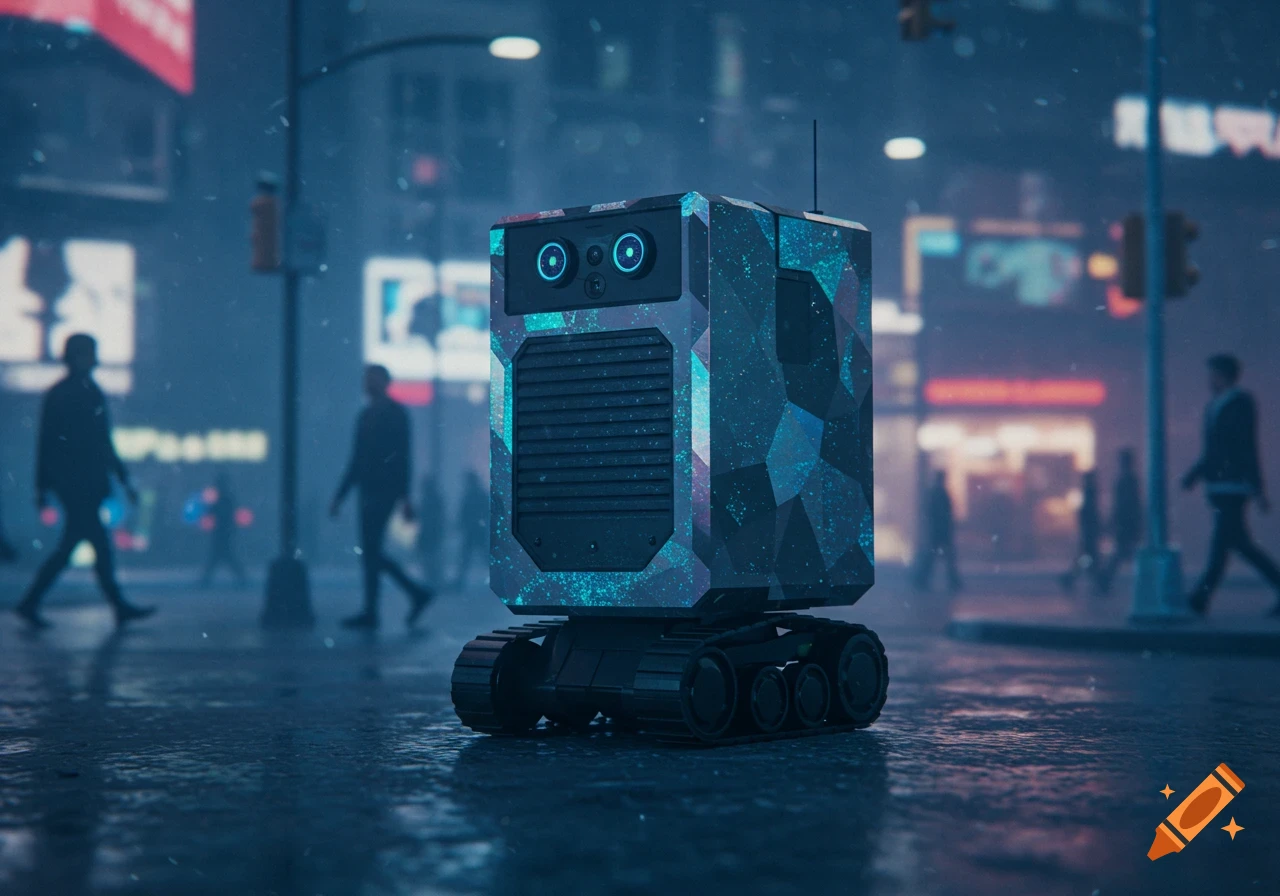 A futuristic cube-like robot with glowing eyes and track treads stands on a wet city street at night, with blurred people and neon lights.