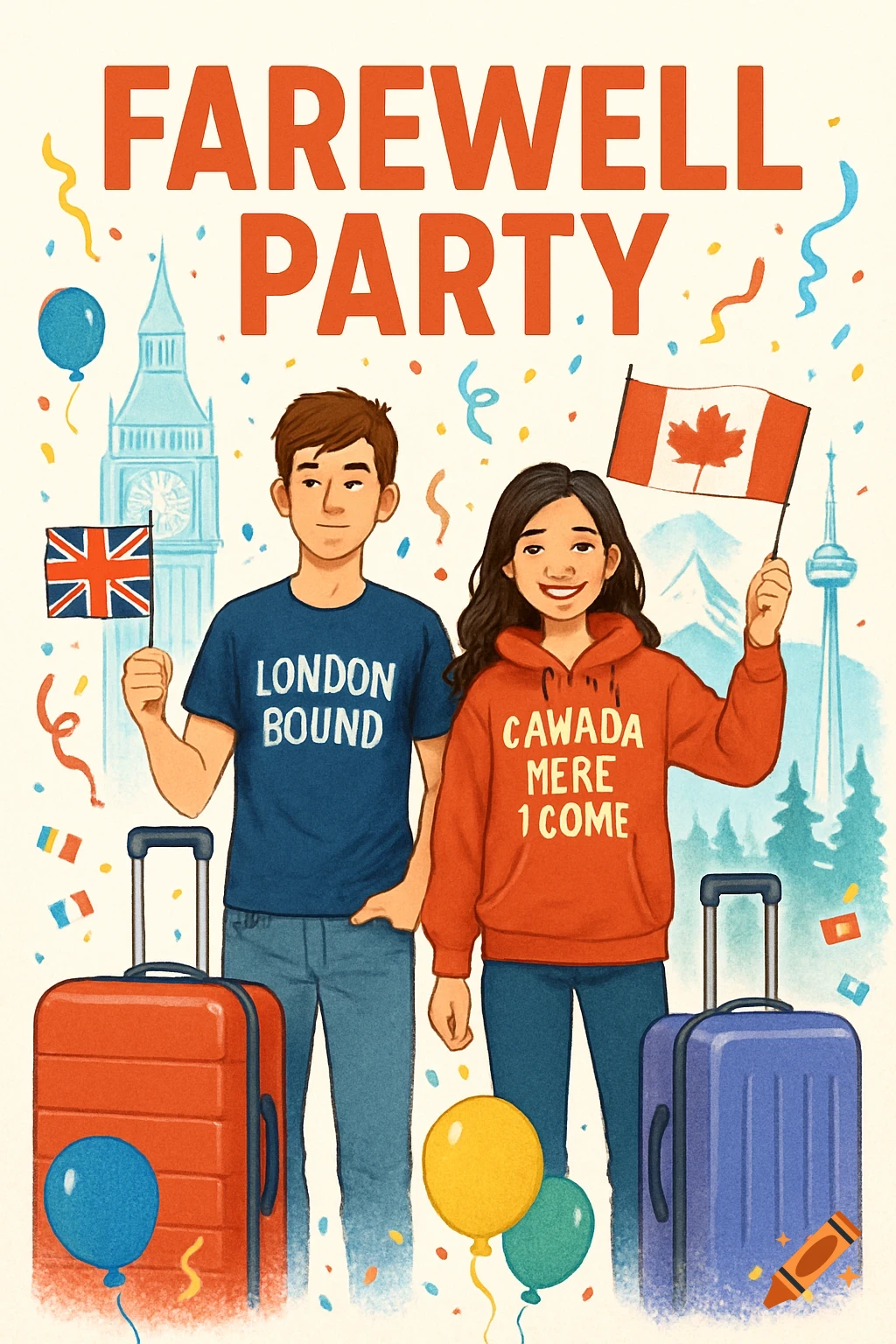 An illustration of a boy with a UK flag and a girl with a Canadian flag, standing with suitcases under a 'Farewell Party' banner.