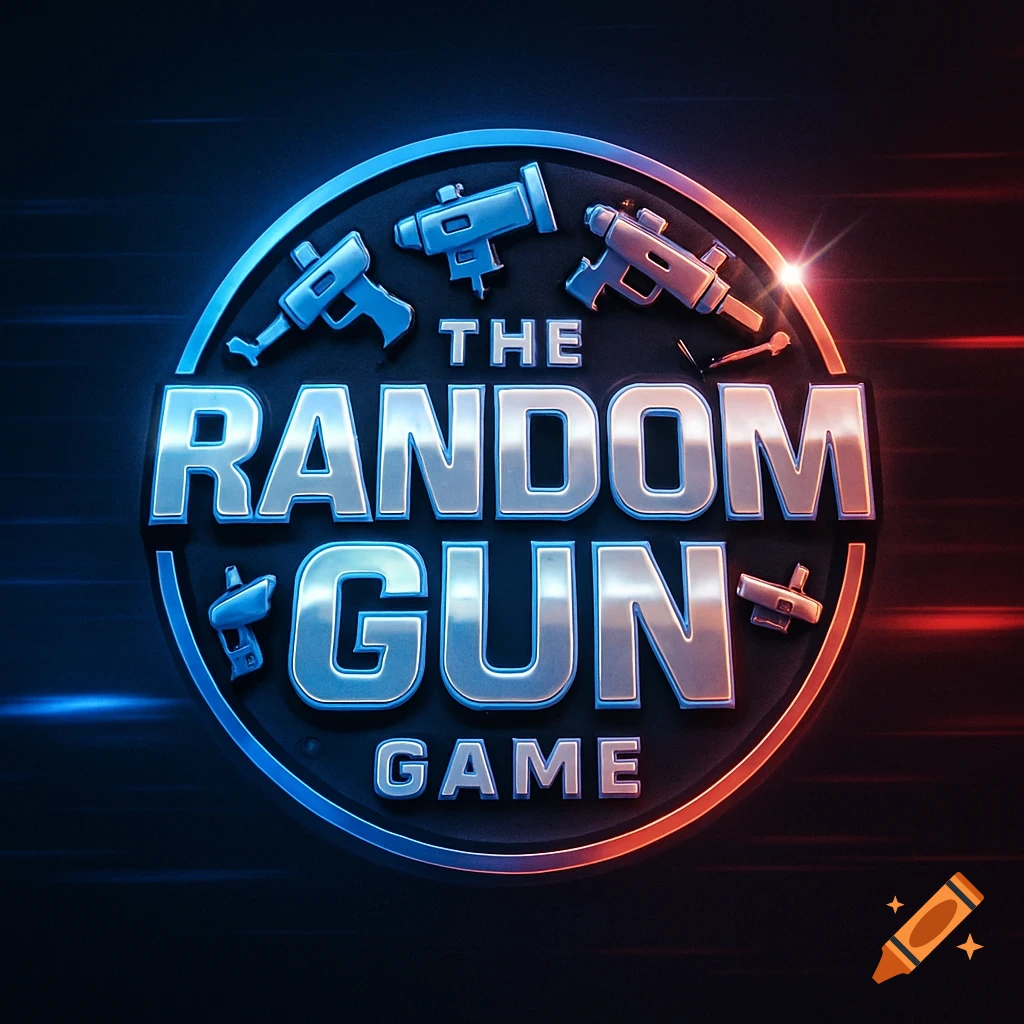 A stylized logo for 'The Random Gun Game' featuring metallic text and cartoonish guns in a circle, with blue and orange lighting.