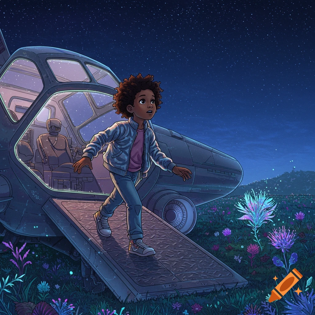 An animated child with curly hair steps out of a futuristic spaceship onto an alien planet with glowing flora under a starry night sky.