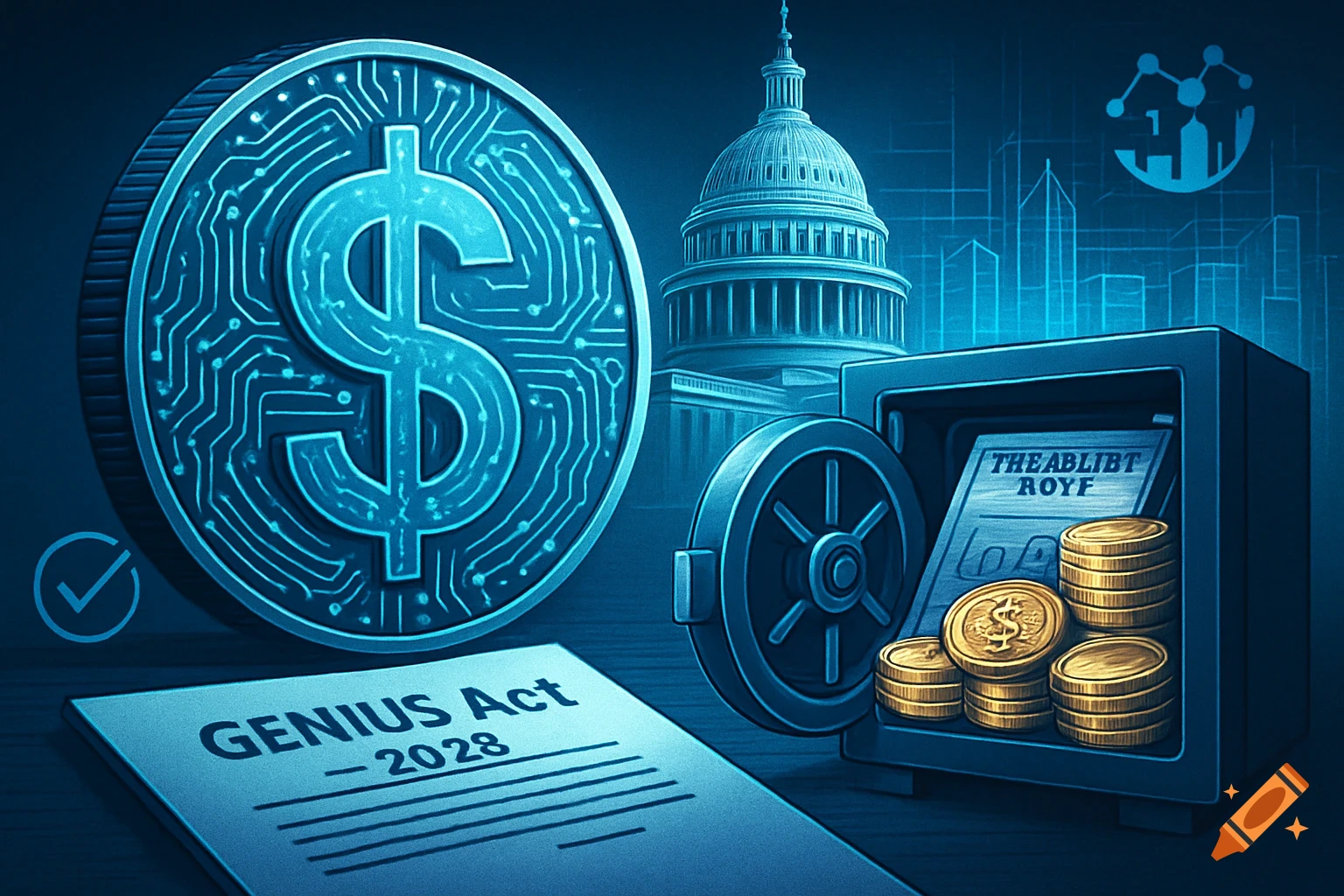 A futuristic digital U.S. dollar coin with circuit patterns, next to a document labeled 'GENIUS Act - 2028', a vault with gold coins, and the Capitol building in a digital blue grid background.