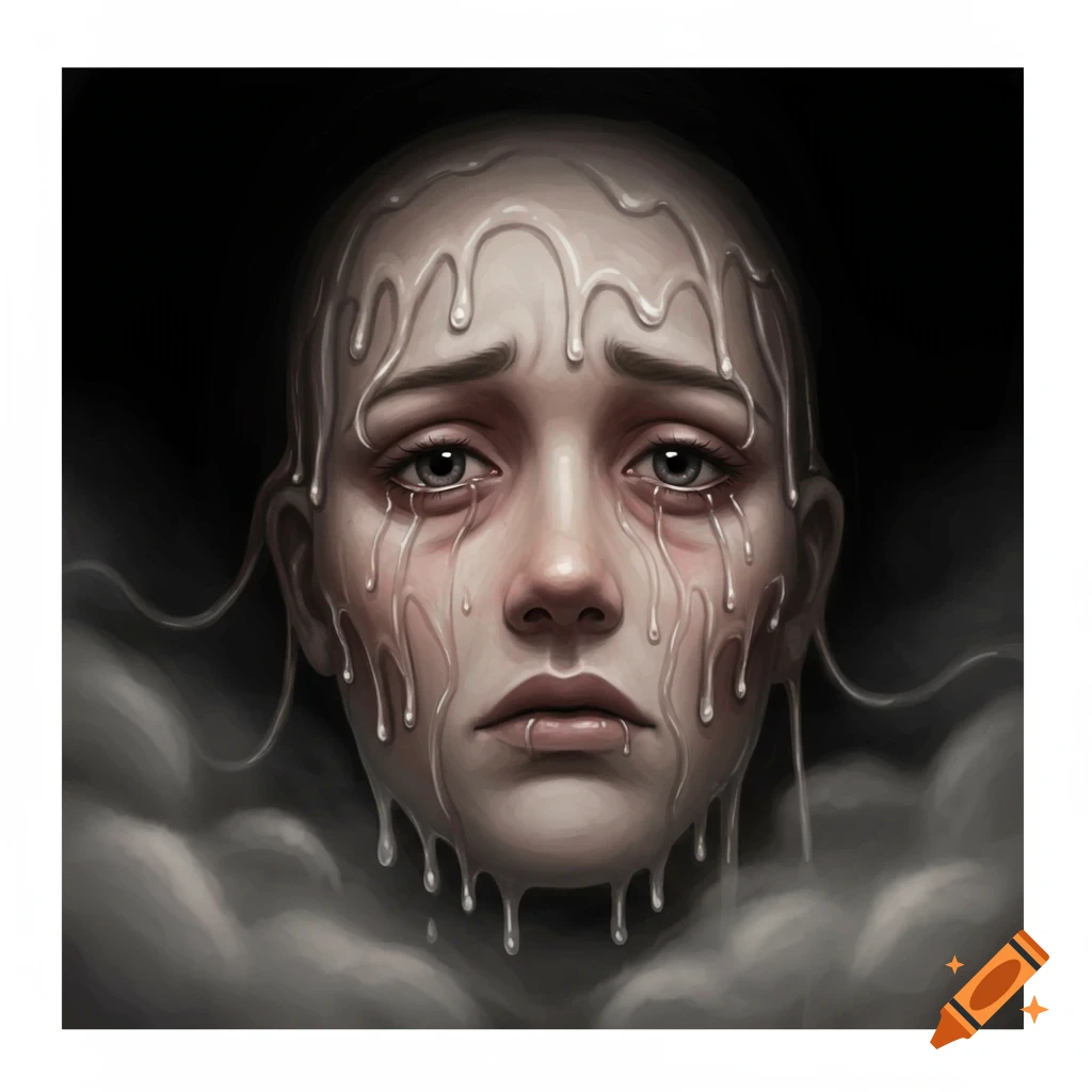 A digital painting of a sad humanoid face covered in a white, melting substance, against a dark background.
