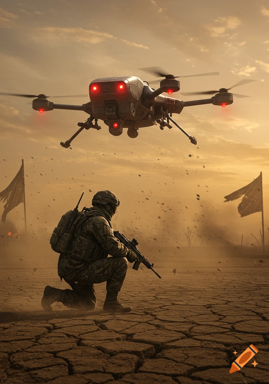 A soldier kneels in a cracked desert, looking at a large military drone hovering overhead under a dusty orange sky.