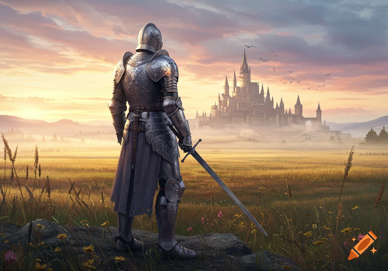 A knight in full armor stands with a sword on a rocky outcrop, overlooking a misty golden field and a grand castle at sunset.