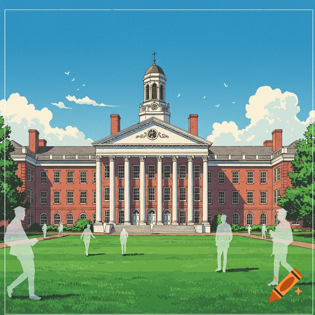 Cel-shaded illustration of a grand brick university building with white columns and a clock tower, overlooking a green quad with faint student silhouettes.
