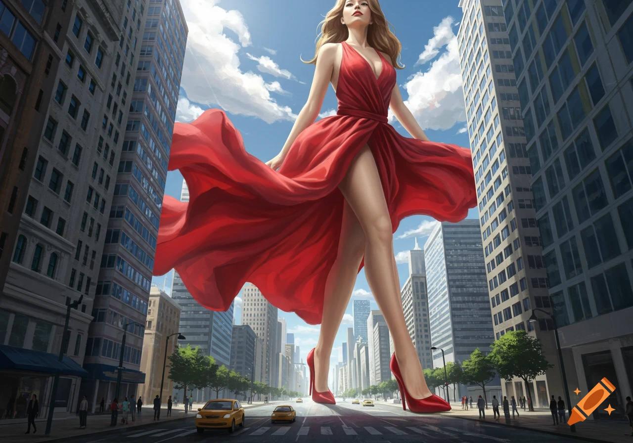 A giant woman in a flowing red dress and red heels walks through a bustling city street, towering over buildings and cars.