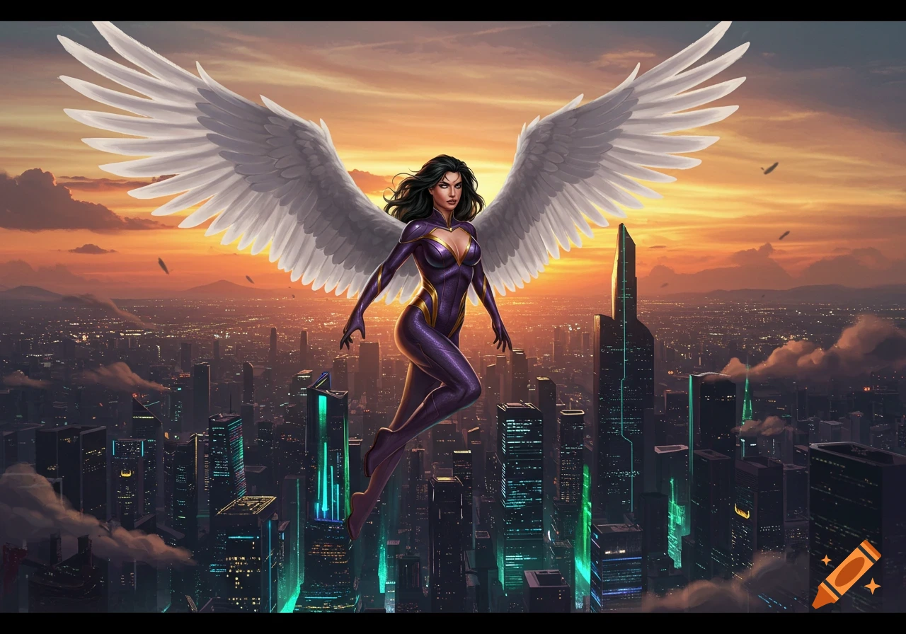 A female superhero with white wings and black hair in a purple and gold suit flies above a futuristic city at sunset, digital art.
