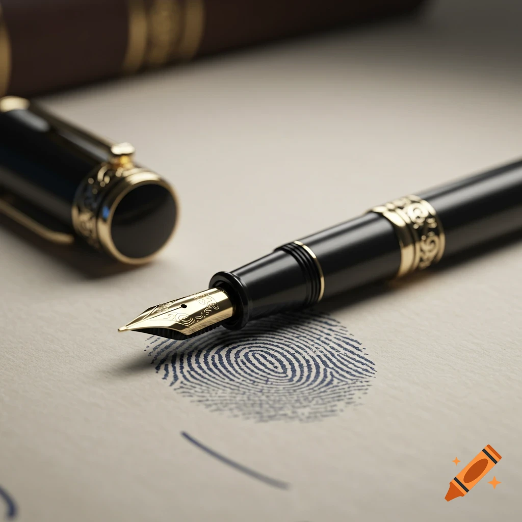 A black and gold fountain pen lies on a piece of paper next to a blue fingerprint.