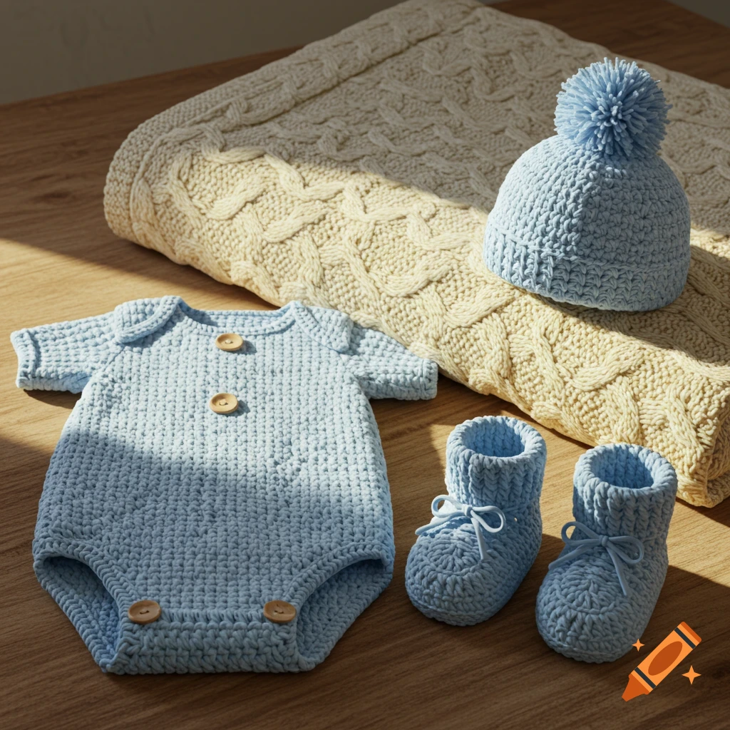 A photorealistic image of light blue crochet baby clothes (onesie, hat, booties) laid out on a wooden surface next to a cream knitted blanket.