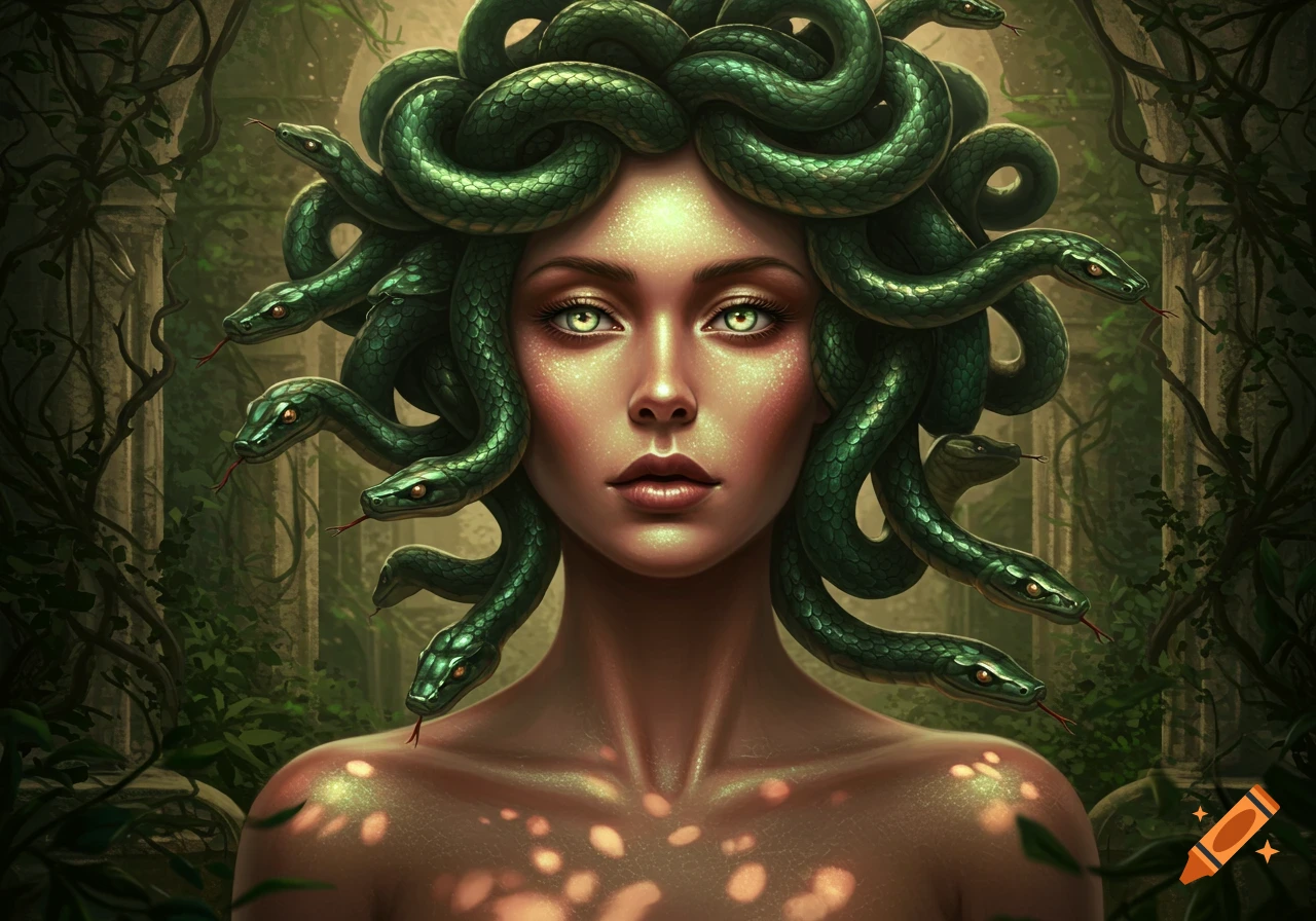 A beautiful Medusa with green snakes for hair and glowing eyes in a lush, ancient setting.