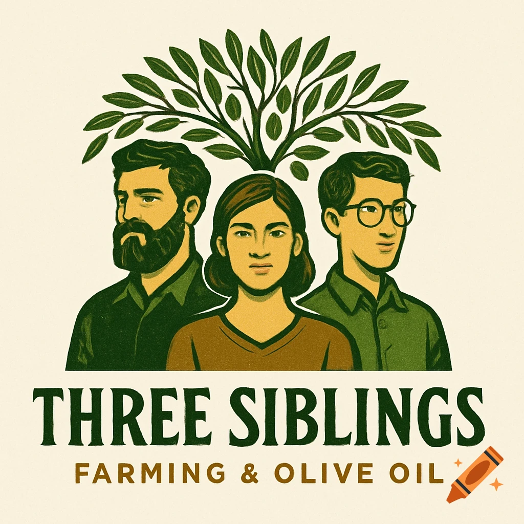 Logo for Three Siblings Farming & Olive Oil, featuring three stylized people and an olive tree.
