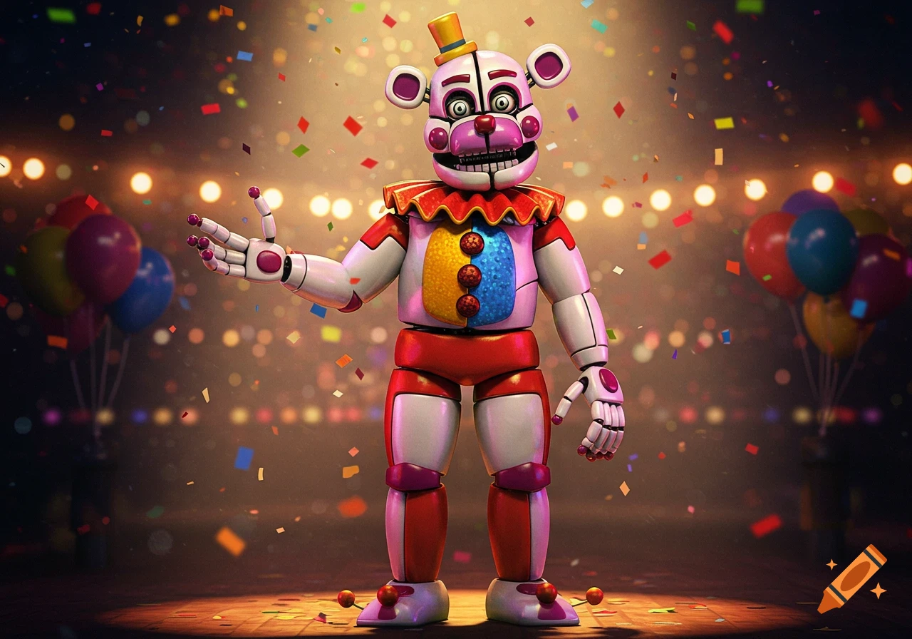 A colorful animatronic clown resembling Funtime Freddy stands on a stage with falling confetti and balloons.