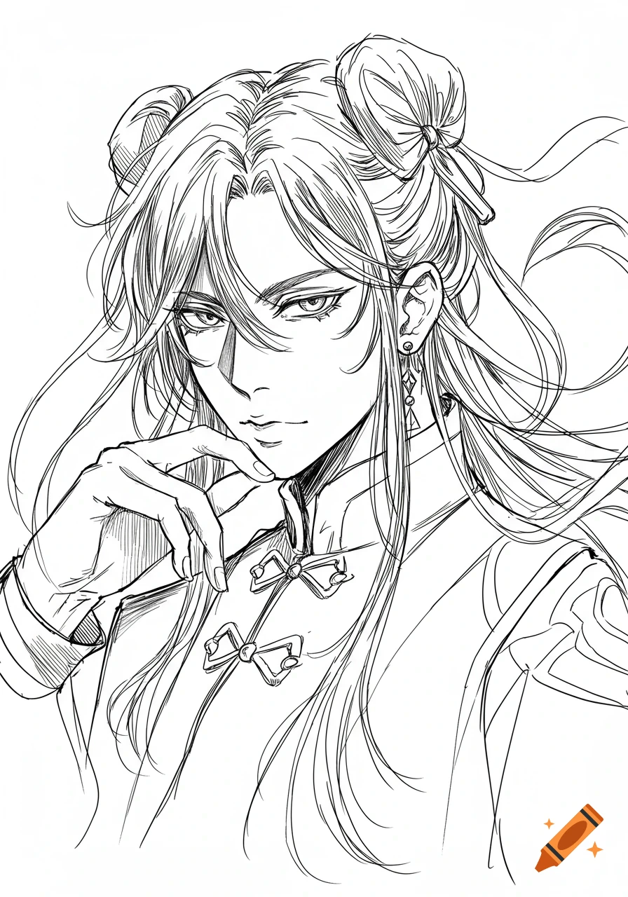 Black and white line art drawing of a male character with long flowing hair, looking directly at the viewer, chin resting on hand. He wears a traditional top with frog closures and has two buns in his hair.
