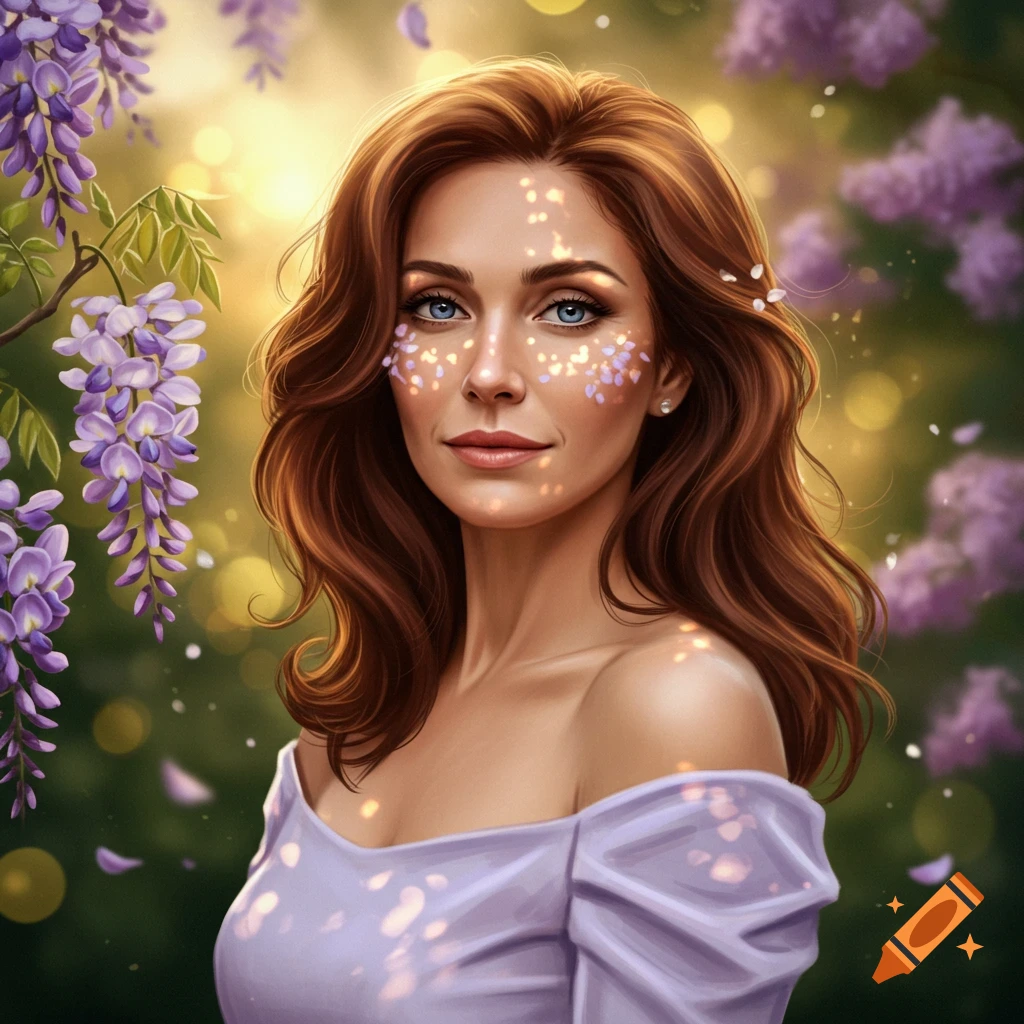 A woman with long brown hair and blue eyes stands among purple wisteria flowers, with light dappling her face.