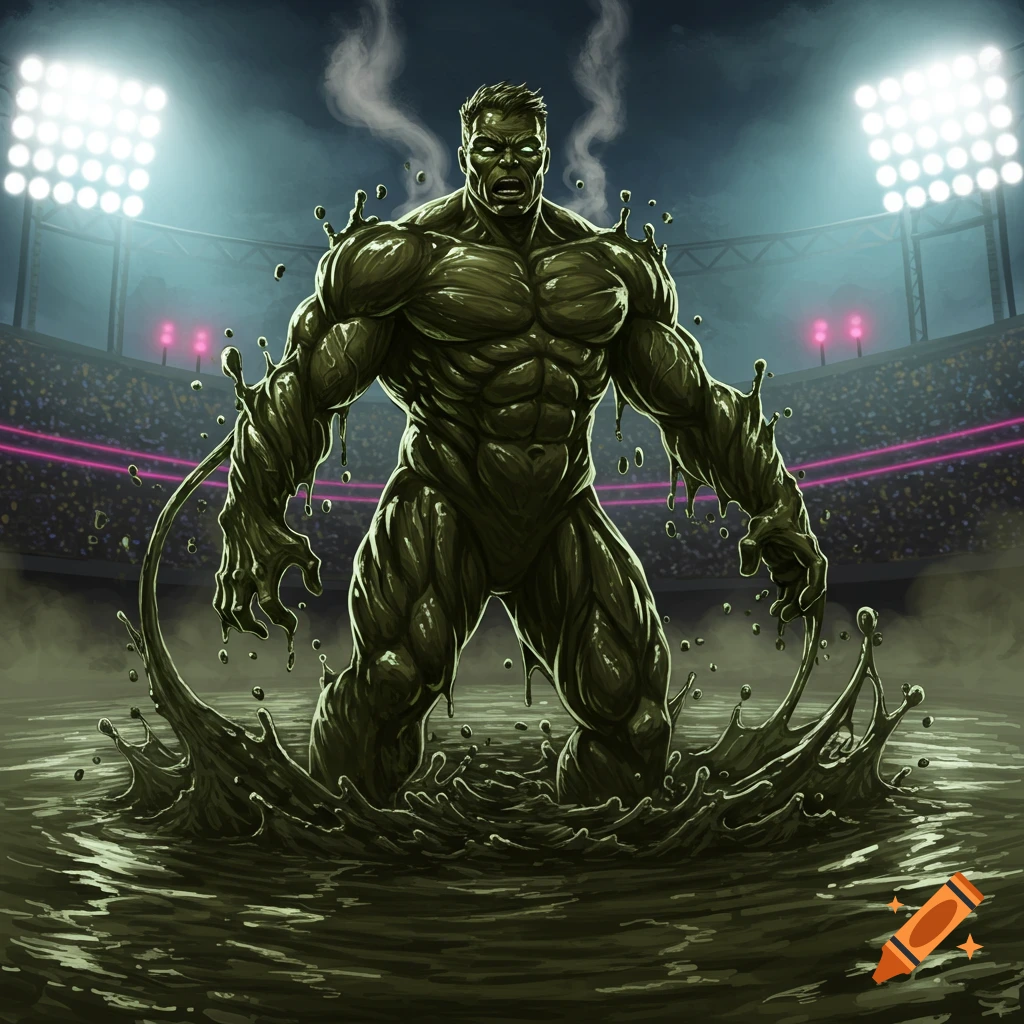 A hulking green sludge creature stands in a pool of goo in a stadium under bright lights, comic book style.