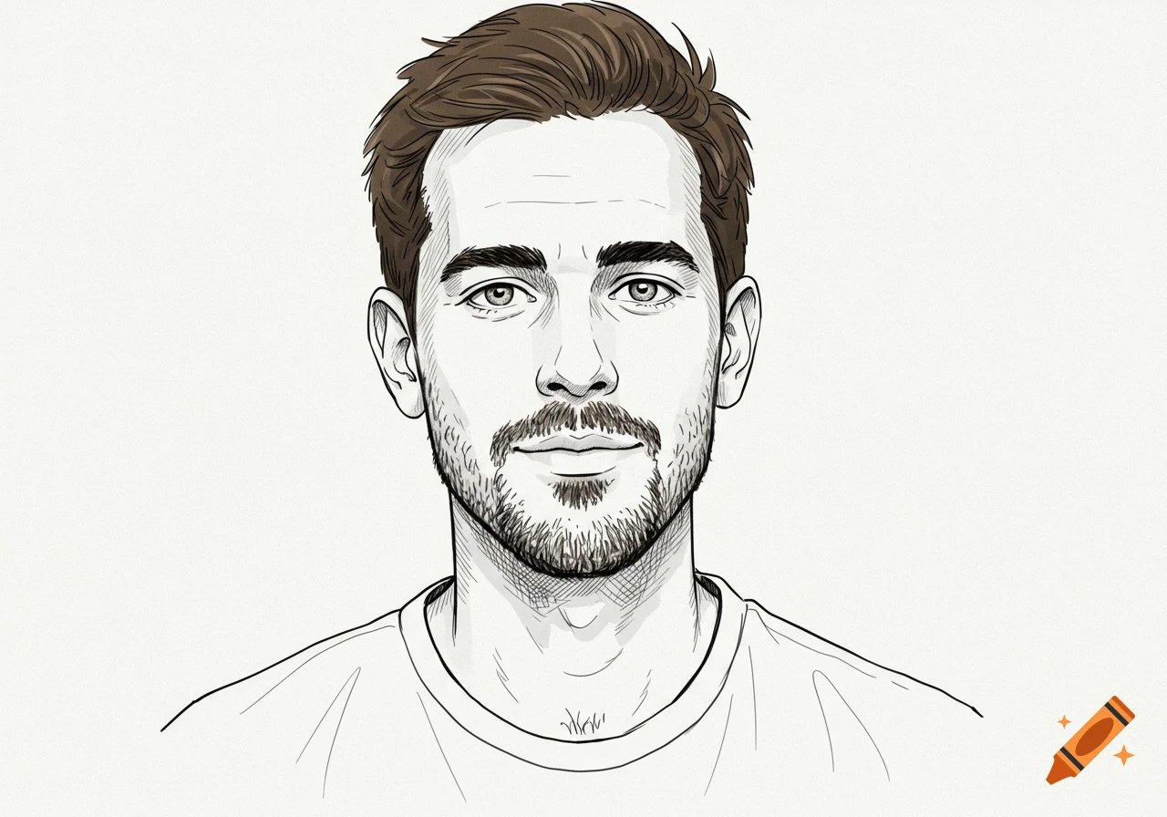 Detailed black and white illustration of a man with short brown hair and a short beard, looking forward.