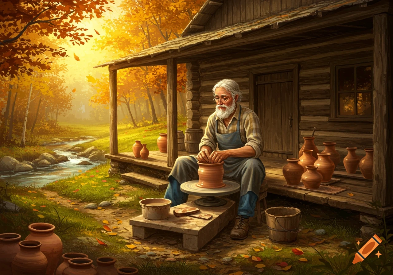 An old man making pottery on the porch of a rustic cabin by a stream in an autumn forest.