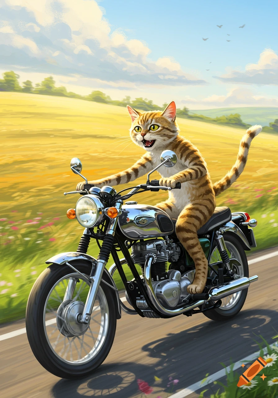 A happy orange tabby cat rides a chrome motorcycle on a road through a sunny field in a vibrant illustration.