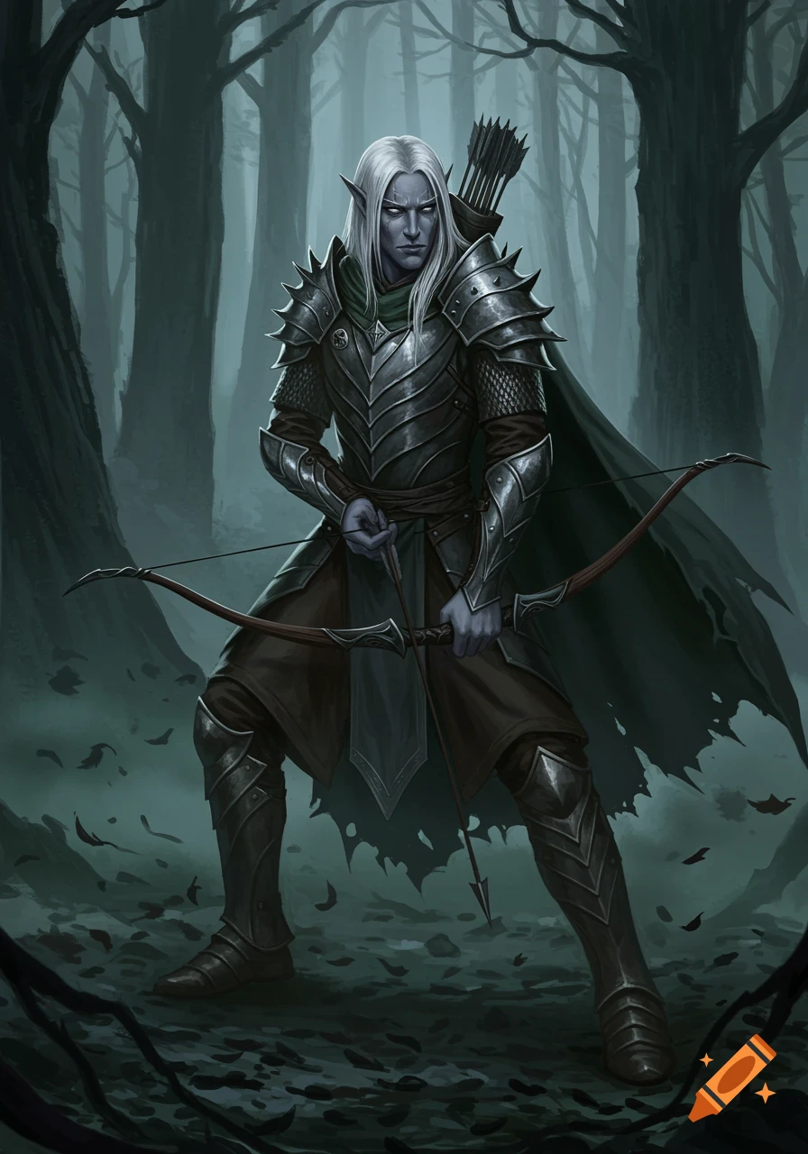 A grey-skinned elf warrior with long white hair in dark studded armor holds a longbow in a dark, misty forest.