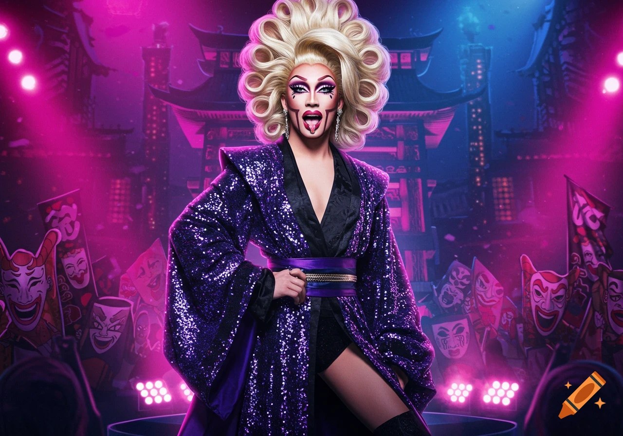 A drag queen with blonde hair and heavy makeup in a purple sequined kimono poses in a neon-lit Japanese-inspired cityscape.
