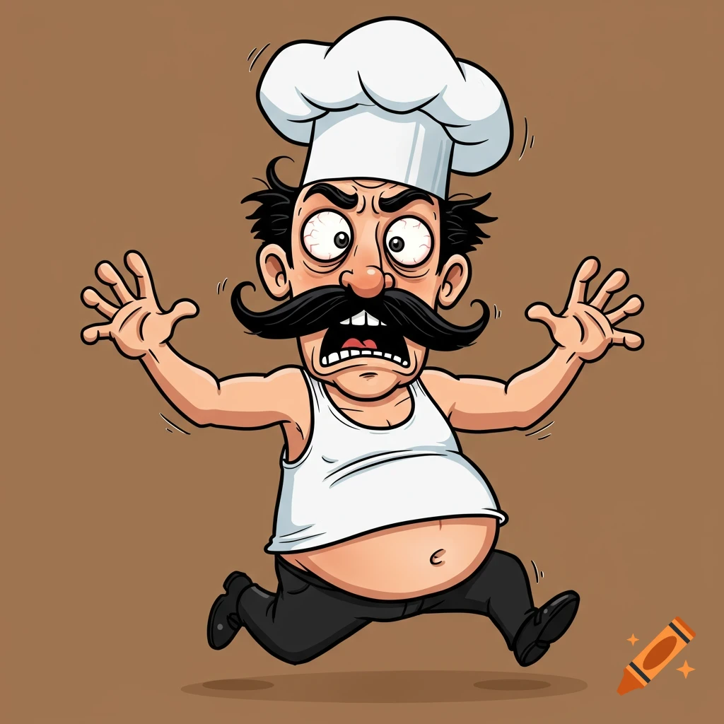 A cartoon chef with a mustache and chef hat runs in panic, flailing his arms.
