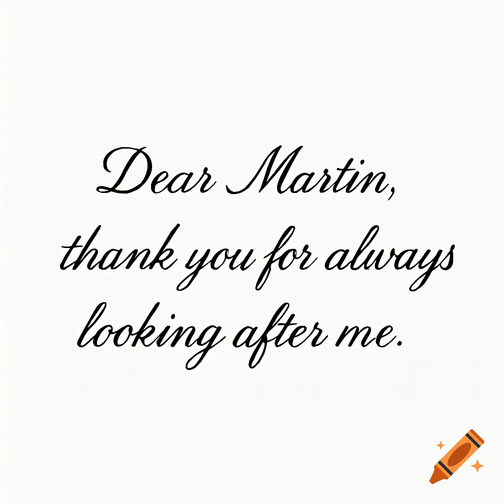 Black italic text on a white background reads: Dear Martin, thank you for always looking after me.
