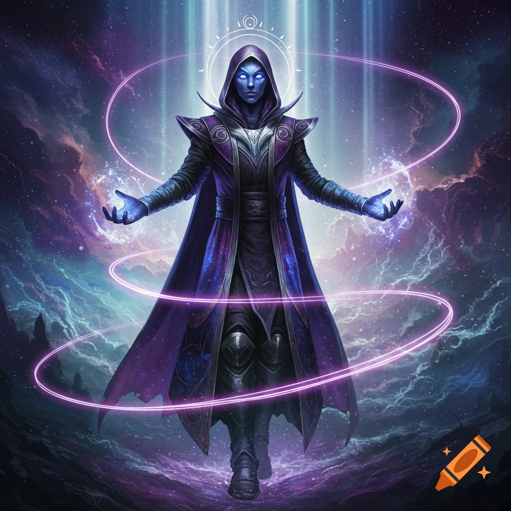 A powerful blue-skinned warlock in a purple robe casts magic, surrounded by glowing rings in a cosmic, starry void.