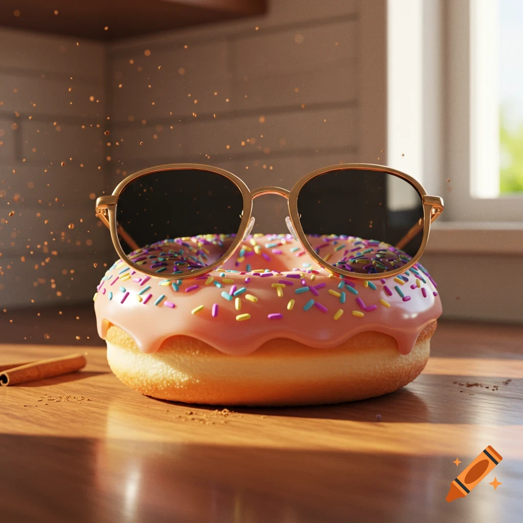 A photorealistic pink-iced donut with colorful sprinkles wears gold sunglasses on a sunny wooden kitchen table.
