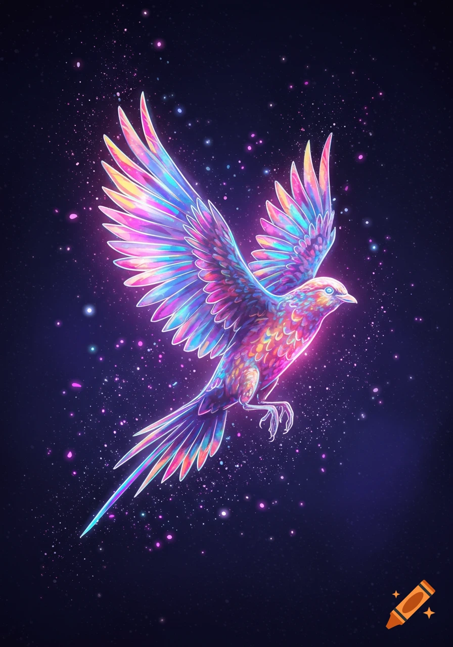 A vibrant, rainbow-colored glowing bird with outstretched wings flies through a dark, starry cosmic background in an illustrative style.