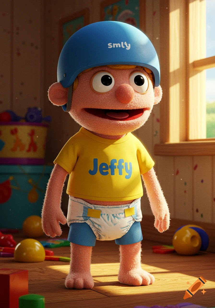 A smiling baby puppet, named Jeffy, wearing a yellow shirt, blue helmet, and diaper, stands in a brightly lit playroom.