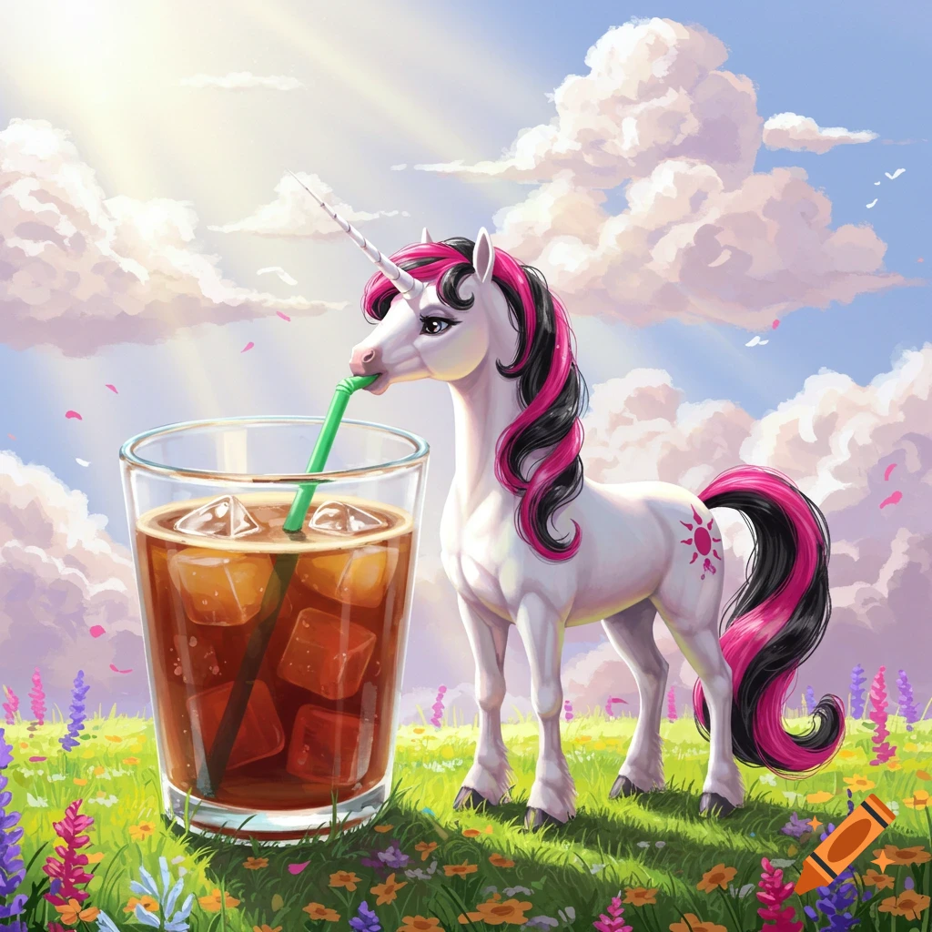 A white unicorn with hot pink and black mane and tail drinks iced coffee with a green straw in a sunny, wildflower-filled field.