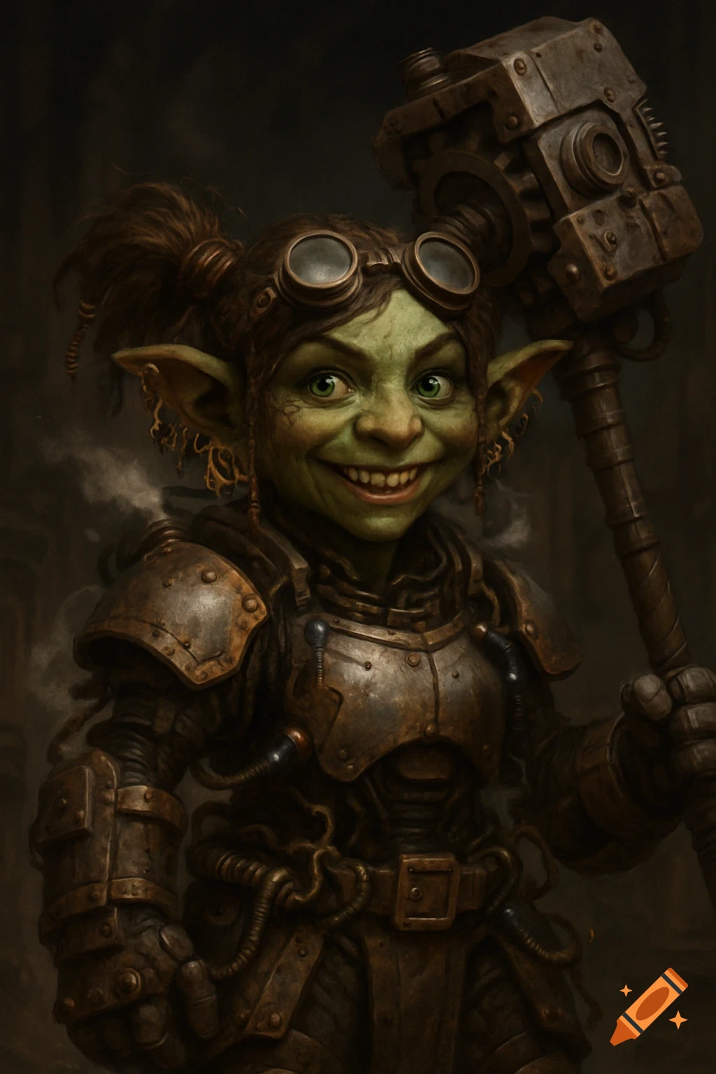 A mischievous female goblin inventor in steampunk power armor, holding a massive steam-powered hammer.