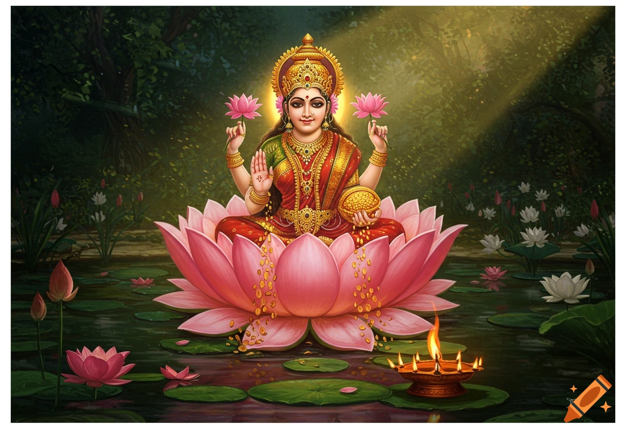 Goddess Lakshmi sits on a pink lotus in a moonlit pond, holding lotuses and gold, surrounded by lush forest and an oil lamp.