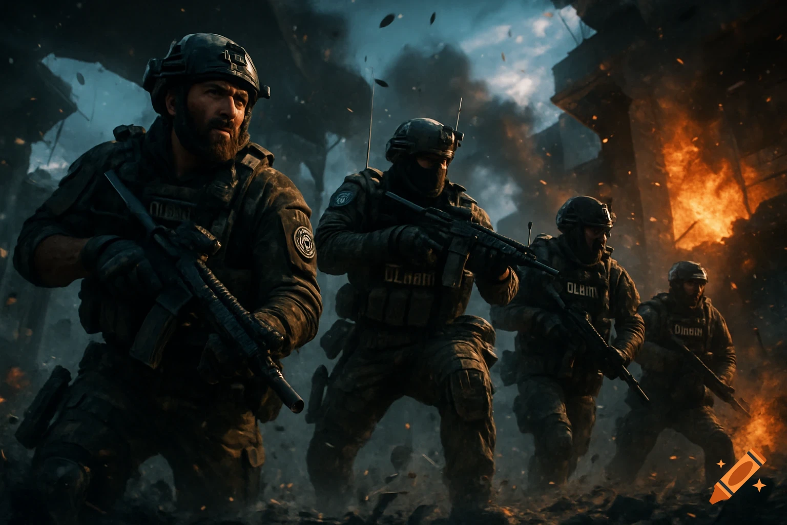 Photorealistic image of soldiers with assault rifles advancing through a fiery, war-torn city with smoke and debris.