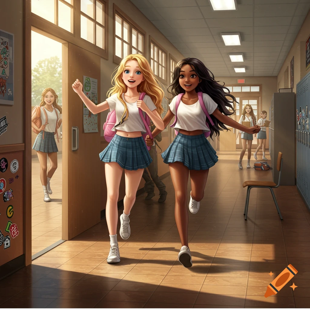 Two cartoon realistic teen girls, one blonde and one dark-haired, smile as they run out of a sunny school classroom into a hallway, past other students.